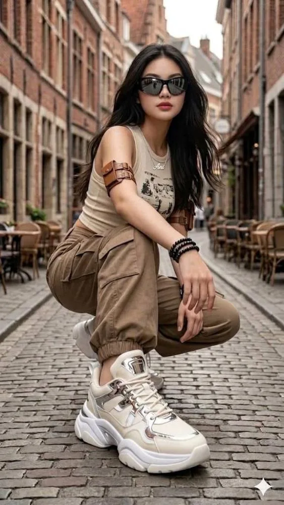 A full-body streetwear fashion portrait of a stylish young East Asian