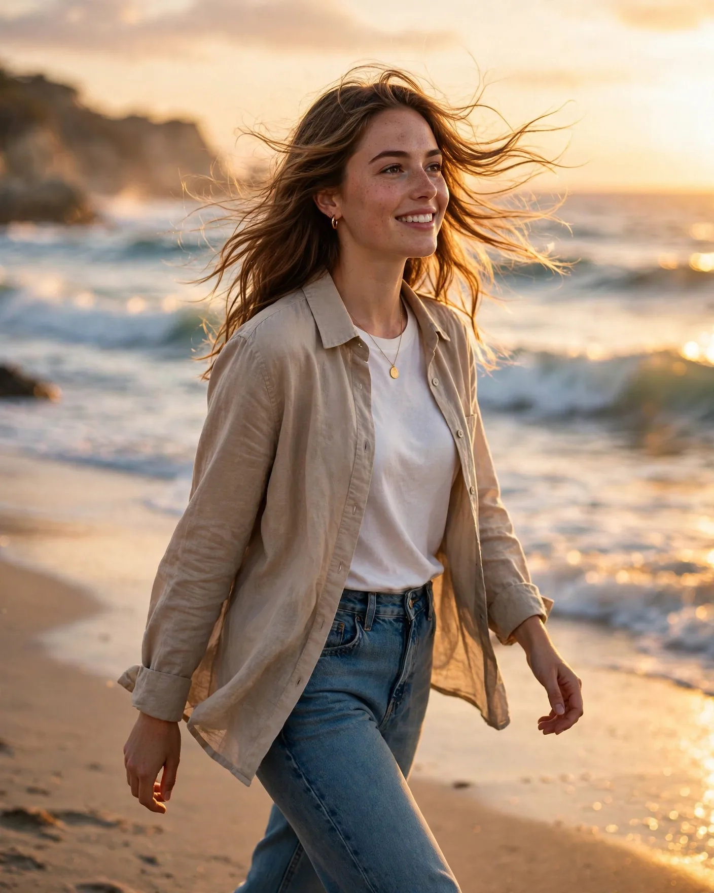 Portrait of a young adult woman walking beside a beautiful beach