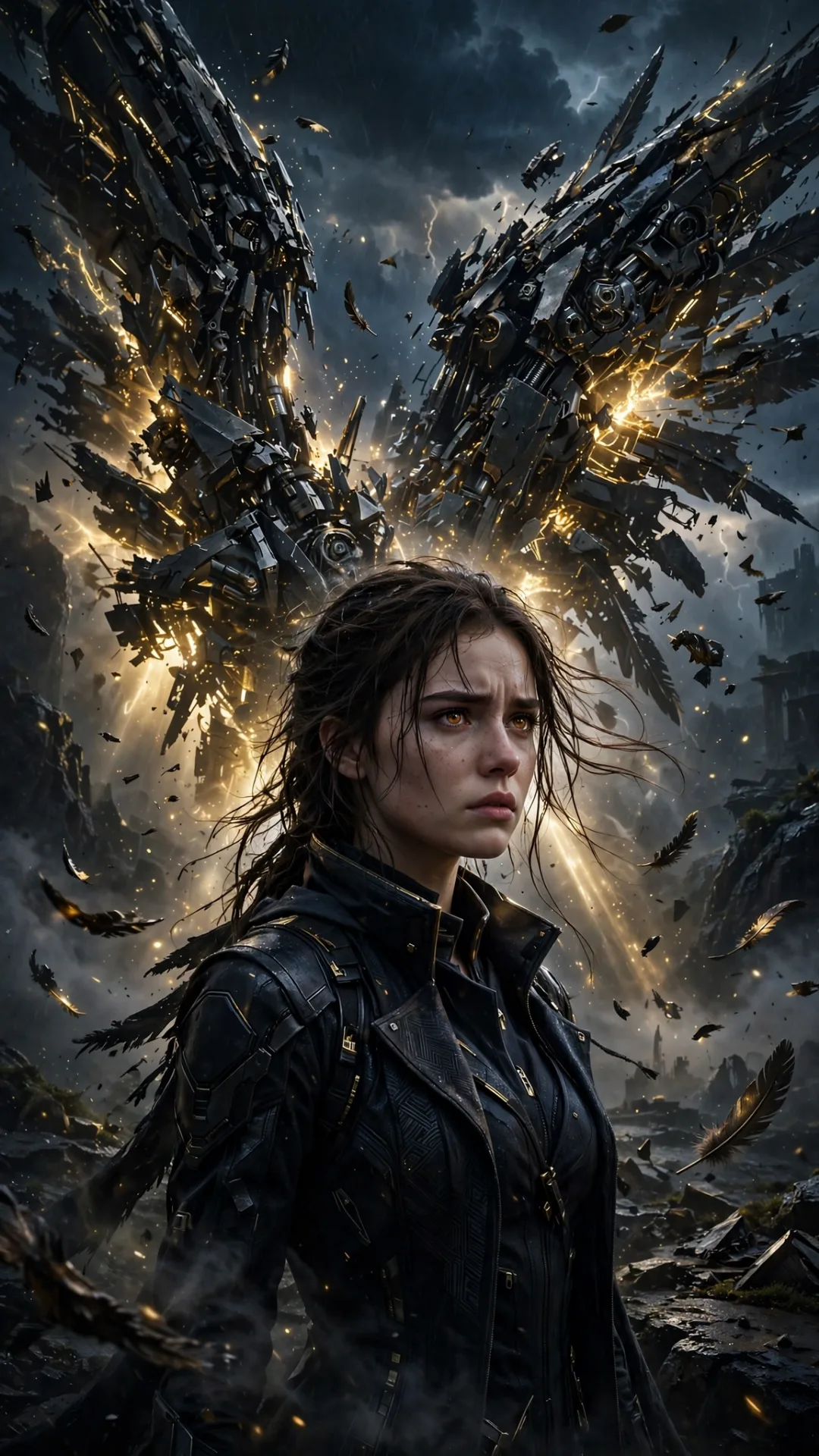 A beautiful young woman standing in a dark mysterious landscape with
