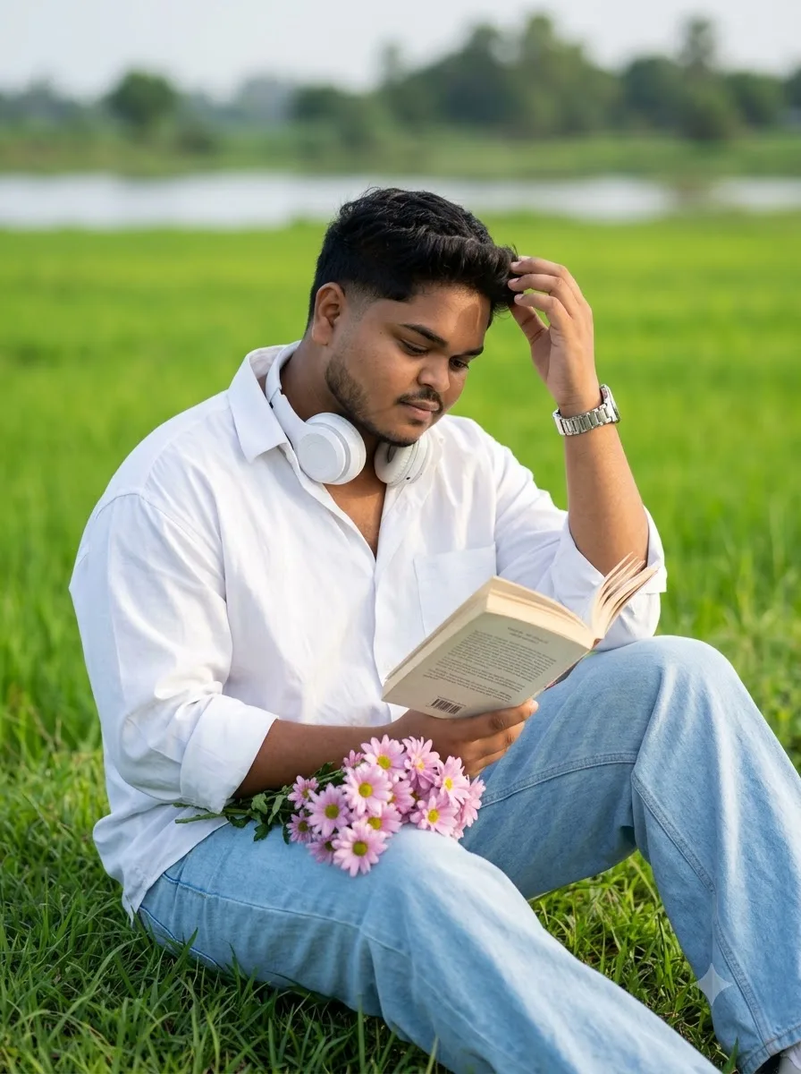 A cinematic outdoor portrait of a young man sitting alone in