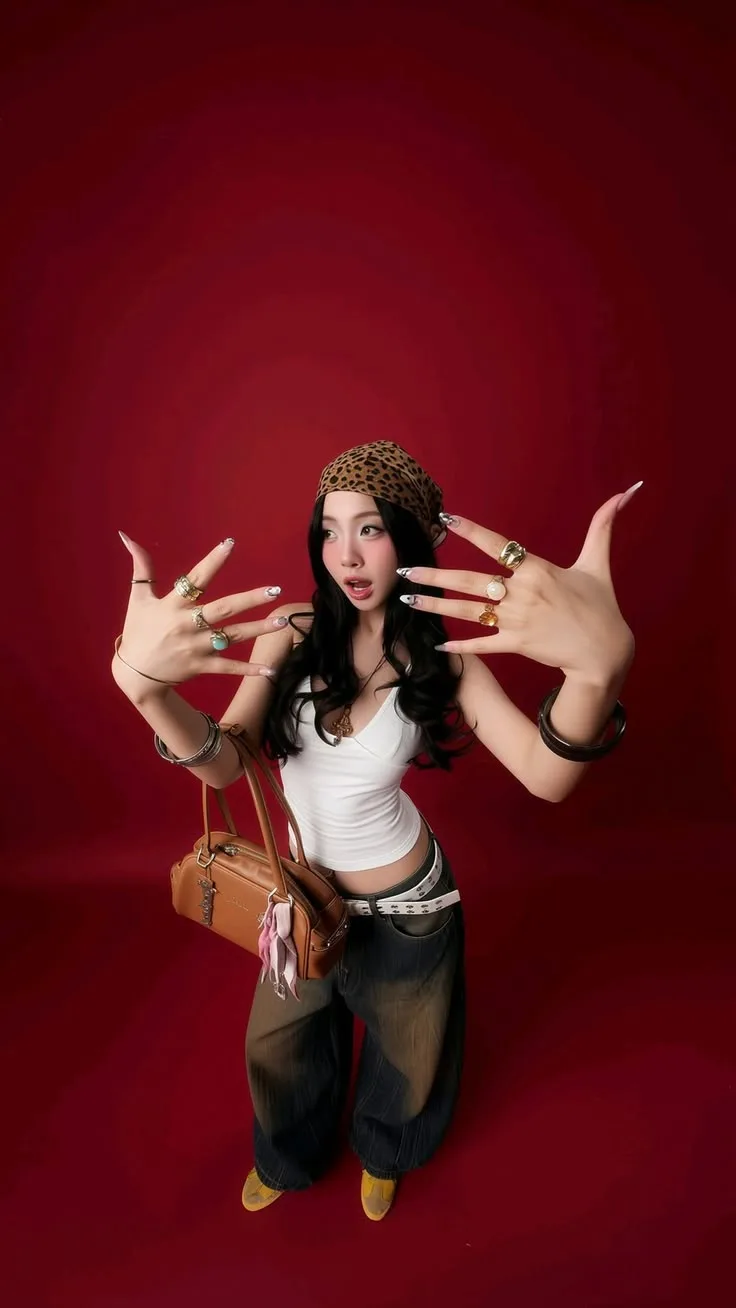 Vertical 9:16 ultra-realistic fashion/editorial portrait of a young woman posing confidently
