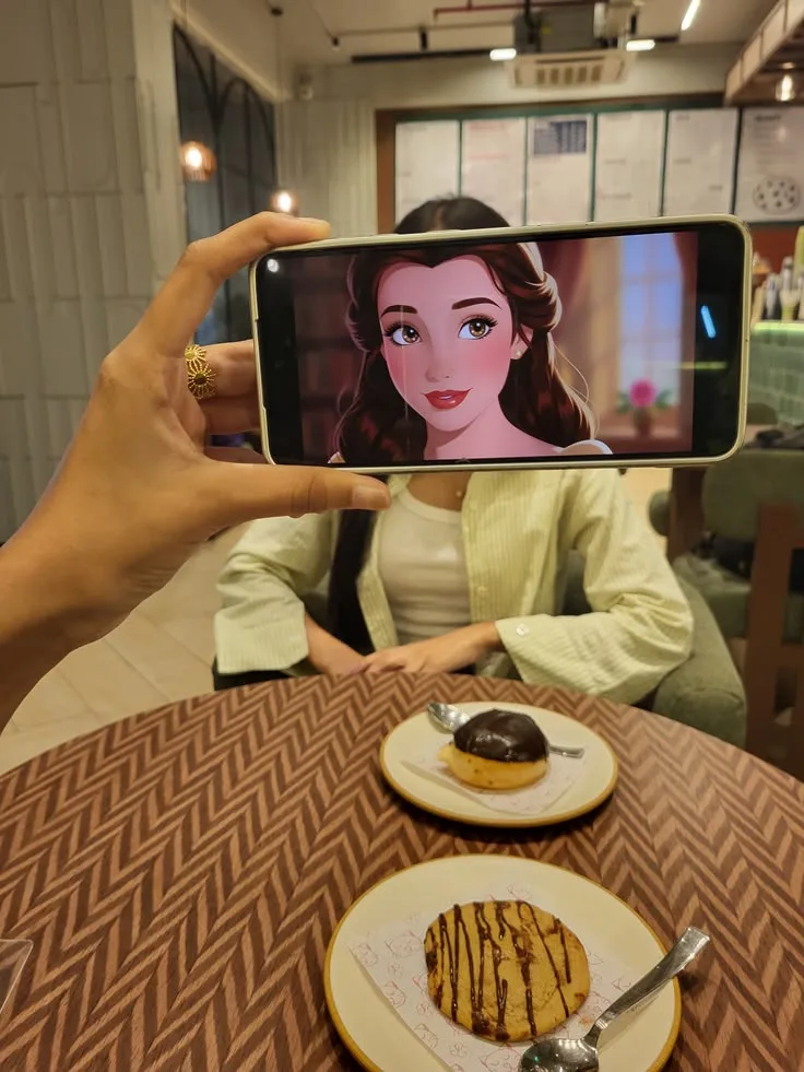 Candid café photograph using my uploaded photo as the ONLY identity