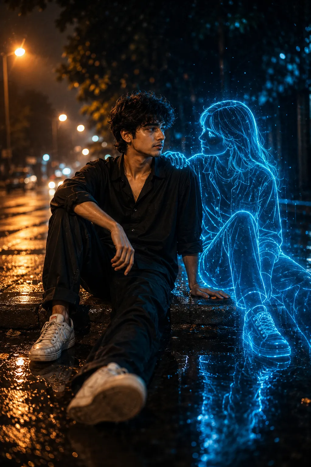 Rainy night with a glowing companion