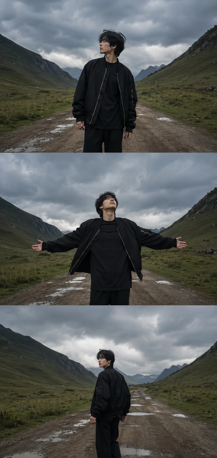 Cinematic Countryside Fashion Collage AI Prompt | Three-Panel Editorial Portrait
