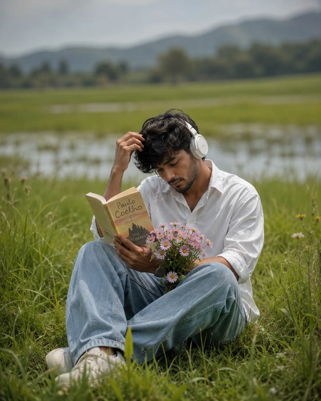 Peaceful Meadow Reading Portrait AI Prompt | Cinematic Nature Lifestyle Photography