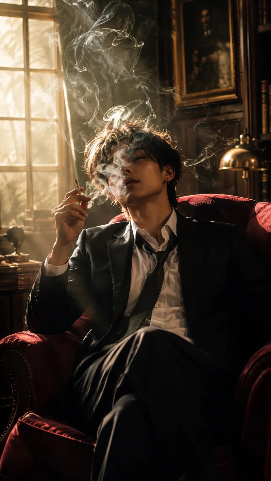 Neo-Noir Smoking Portrait AI Prompt | Cinematic Chiaroscuro Editorial Study Photography