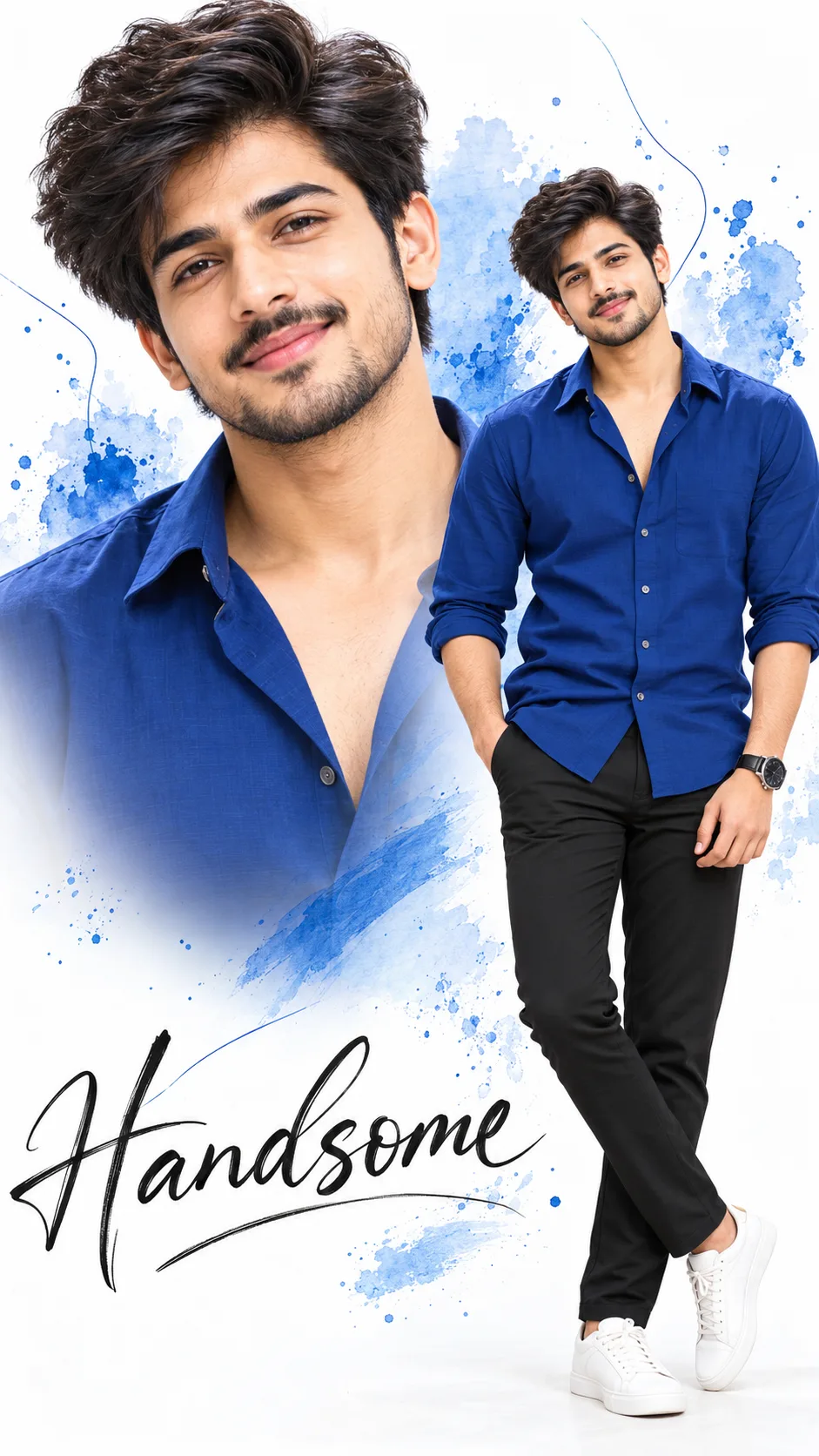 Double Exposure Portrait Collage of an Indian Man in a Royal Blue Shirt with Handsome Calligraphy