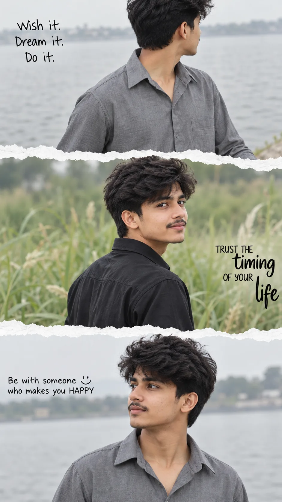 Three-Panel Selective Color Portrait Collage of Young South Asian Man with Motivational Quotes