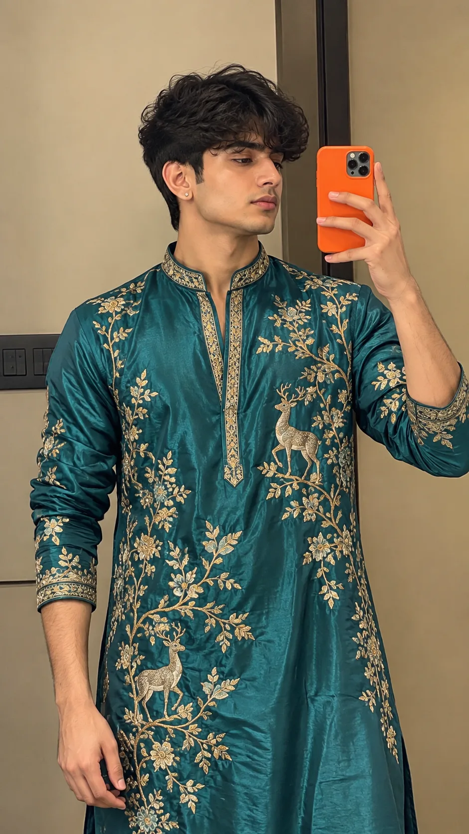 Teal Embroidered Kurta Mirror Selfie of Young Man