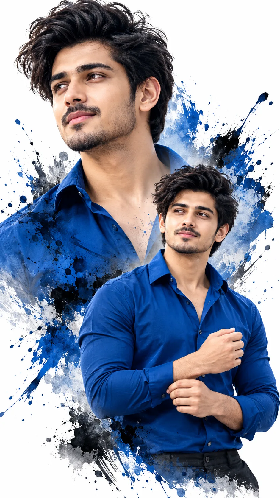 Double Exposure Men's Fashion Portrait with Royal Blue Shirt and Ink Splash Effect