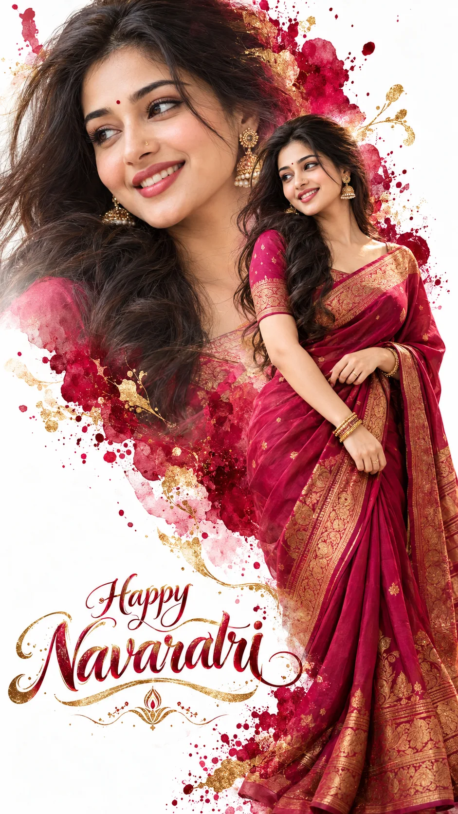 Premium Navaratri Double-Exposure Portrait of an Indian Woman in Crimson Red Saree with Gold Ink Splashes