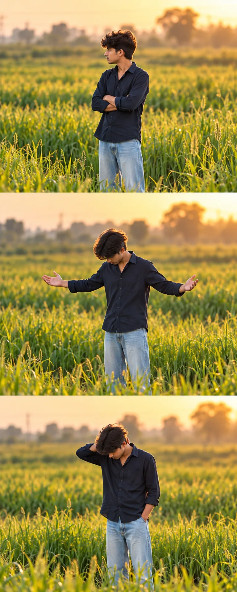 Three-Panel Cinematic Portrait of a Young Man in a Golden-Hour Green Field