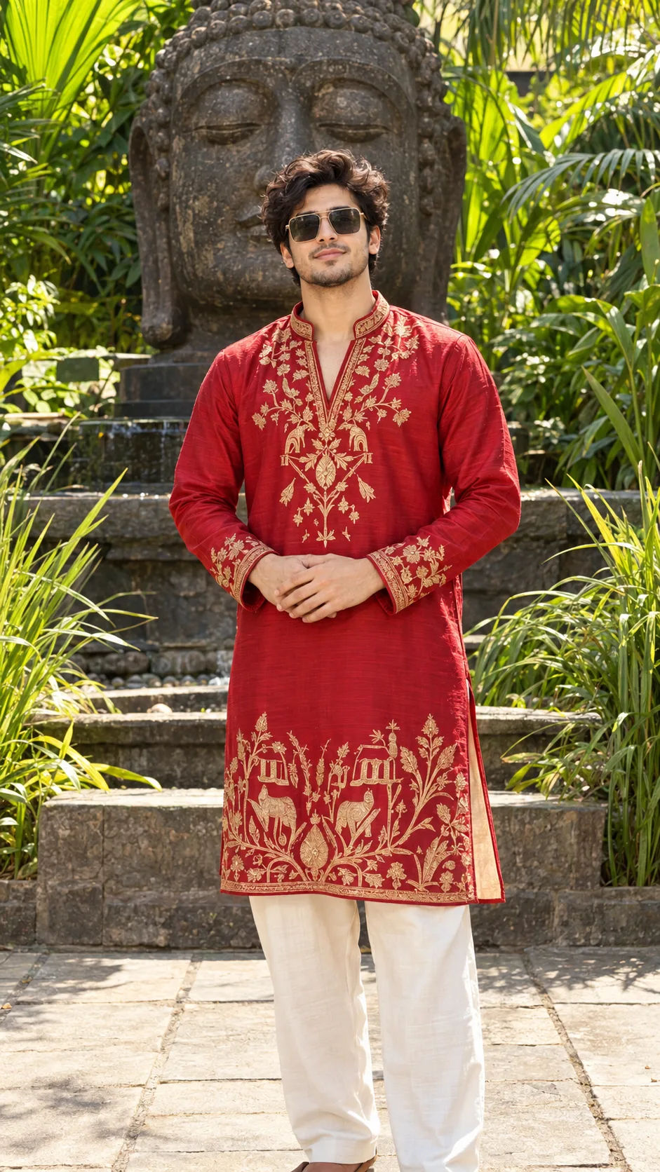 Embroidered Kurta Portrait with Buddha Statue in Garden