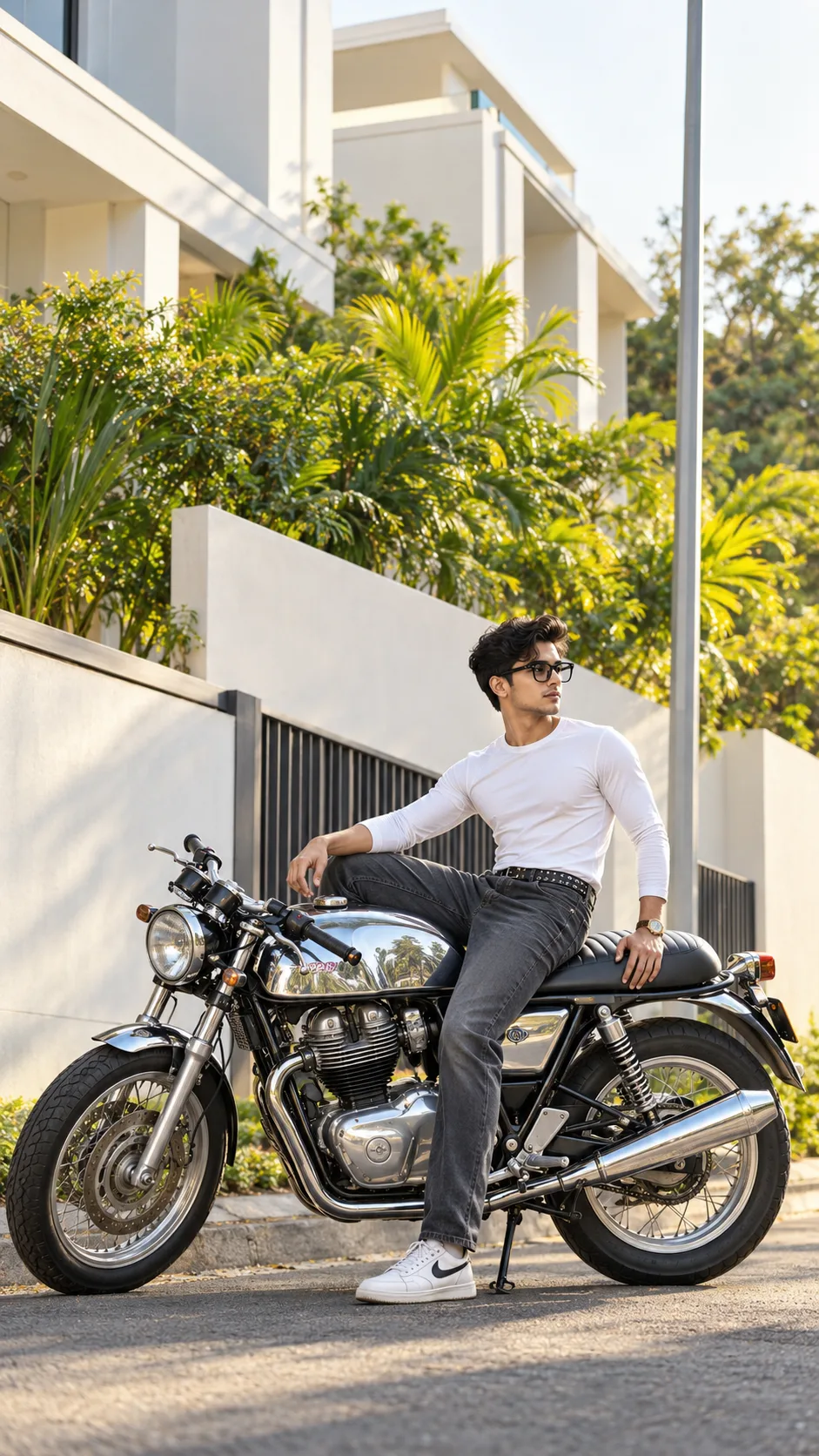 Stylish Young Man on Cafe Racer Motorcycle | Urban Streetwear Portrait