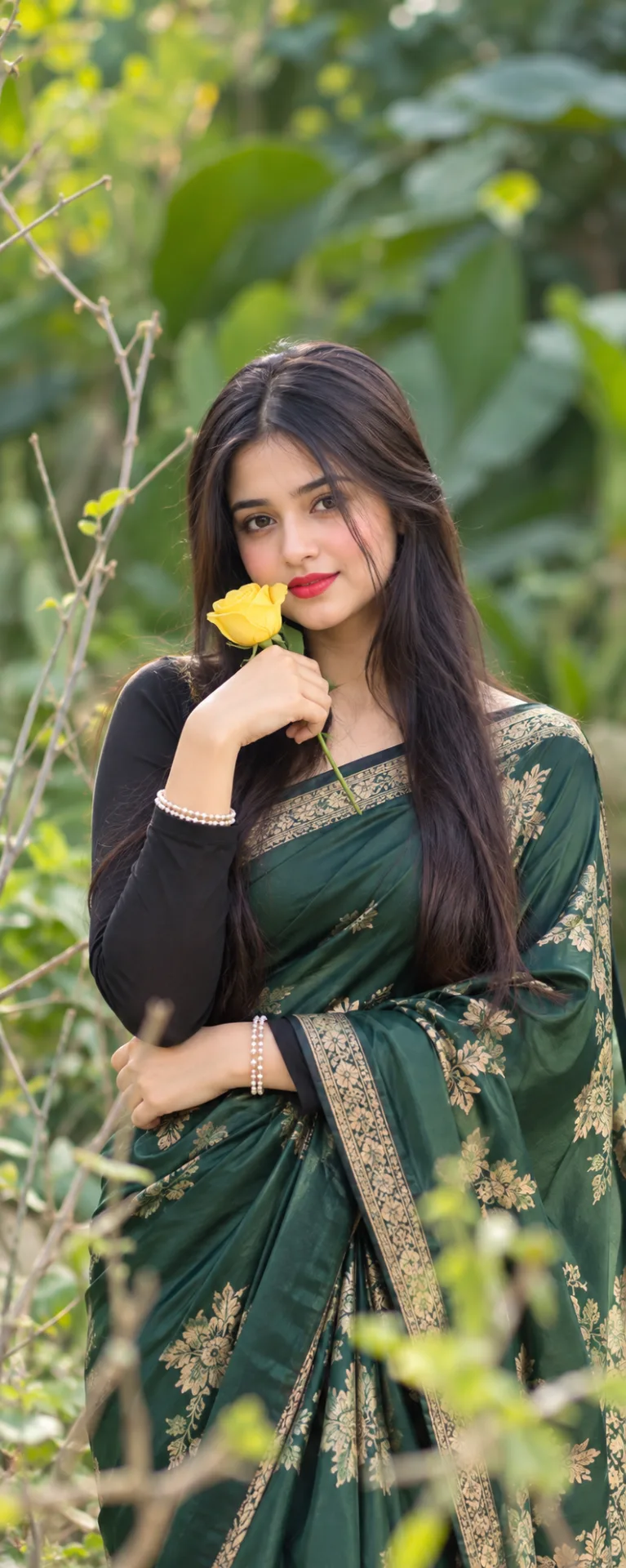 🌹💚 Elegant Green Saree Portrait – Yellow Rose & Natural Garden Photography
