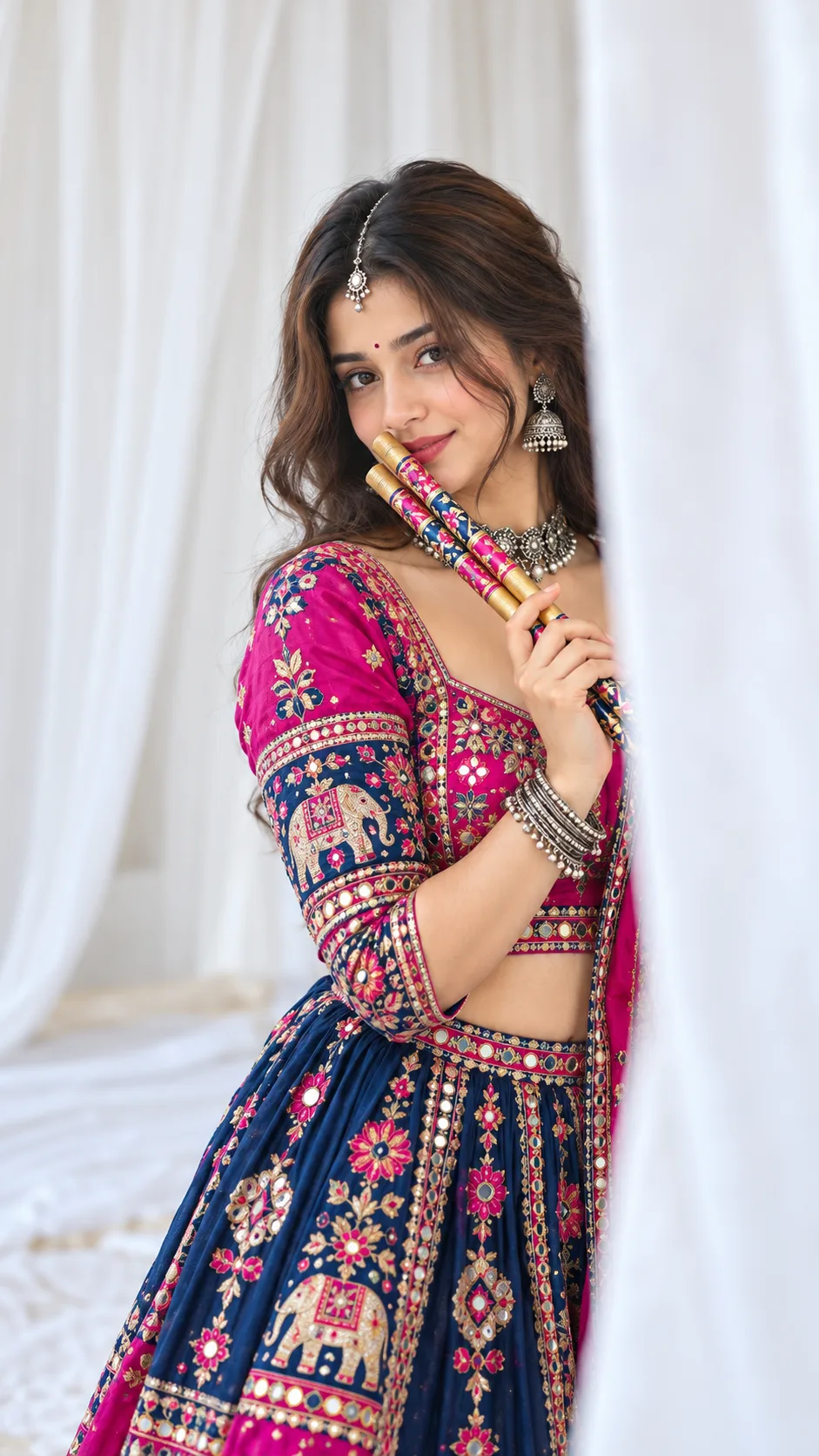 Festive Dandiya Portrait of Indian Woman in Embroidered Chaniya Choli