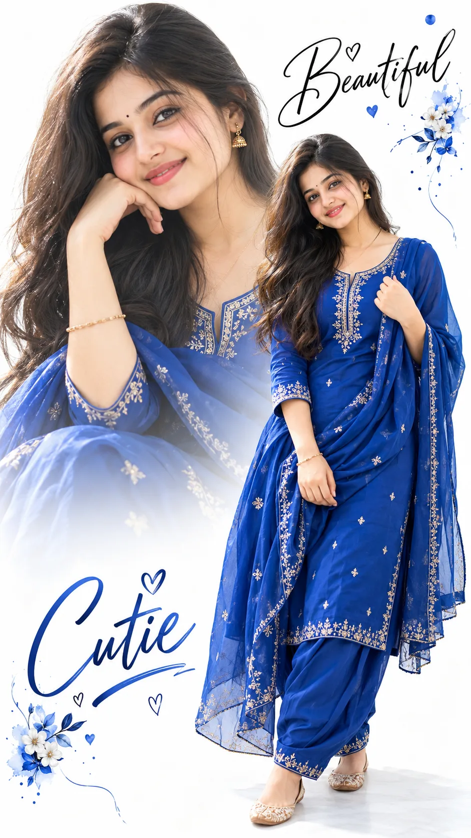 Double Exposure Portrait Fashion Collage of an Indian Woman in Royal Blue Salwar Suit on White Background