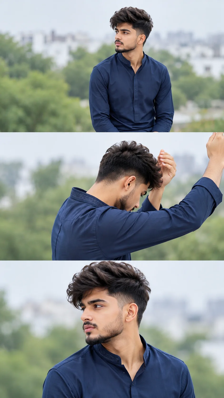 Cinematic Triptych Portrait of a Young Man in Navy Blue Shirt