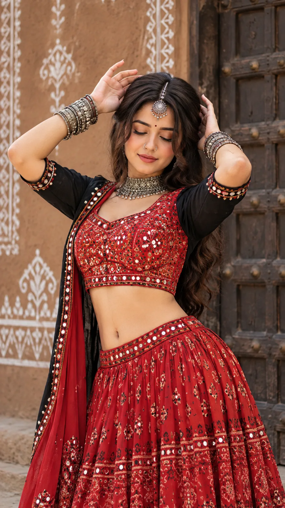 Traditional Red Ethnic Fashion Portrait of a Woman with Silver Jewelry