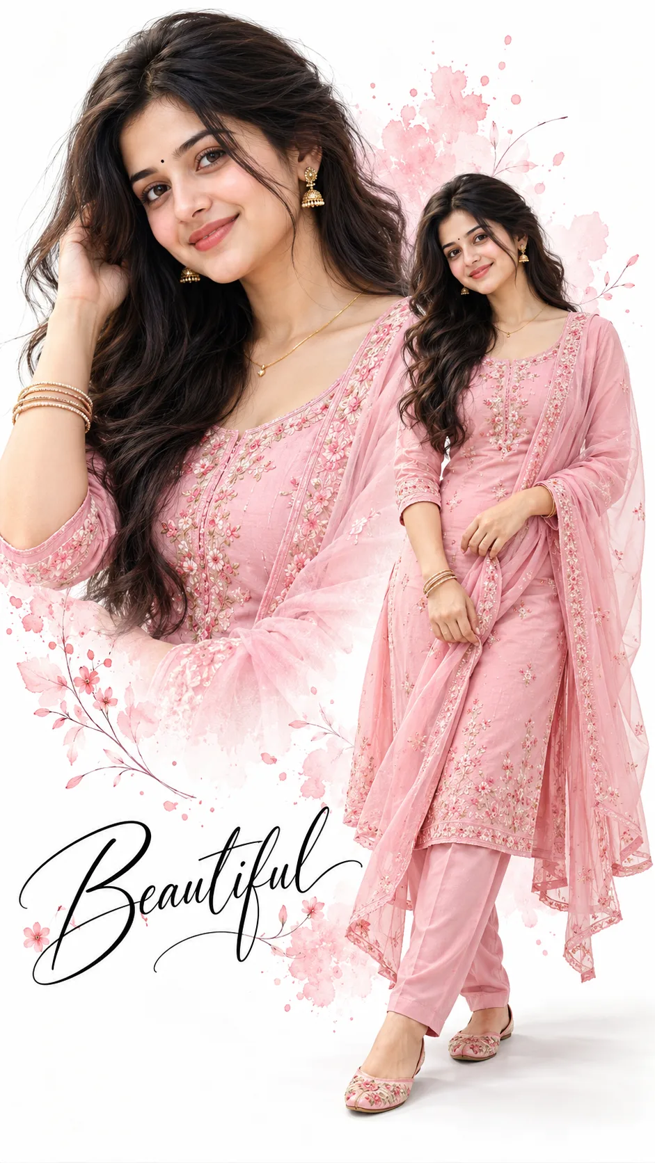 Double Exposure Portrait Collage of Indian Woman in Blush Pink Embroidered Salwar Suit