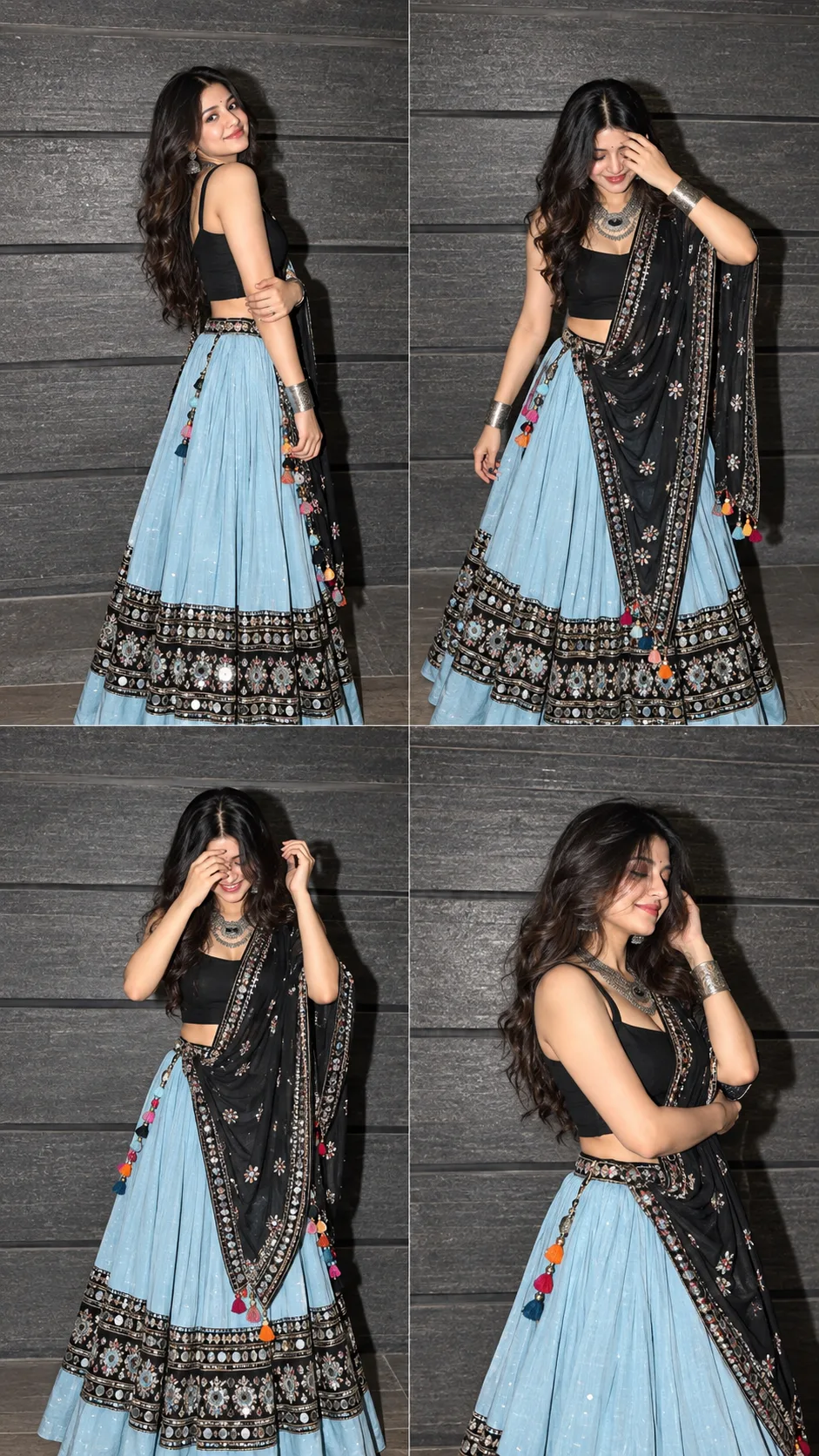 Navaratri Special Four-Panel Collage of a Young Woman in Light Blue Lehenga and Black Embroidered Dupatta