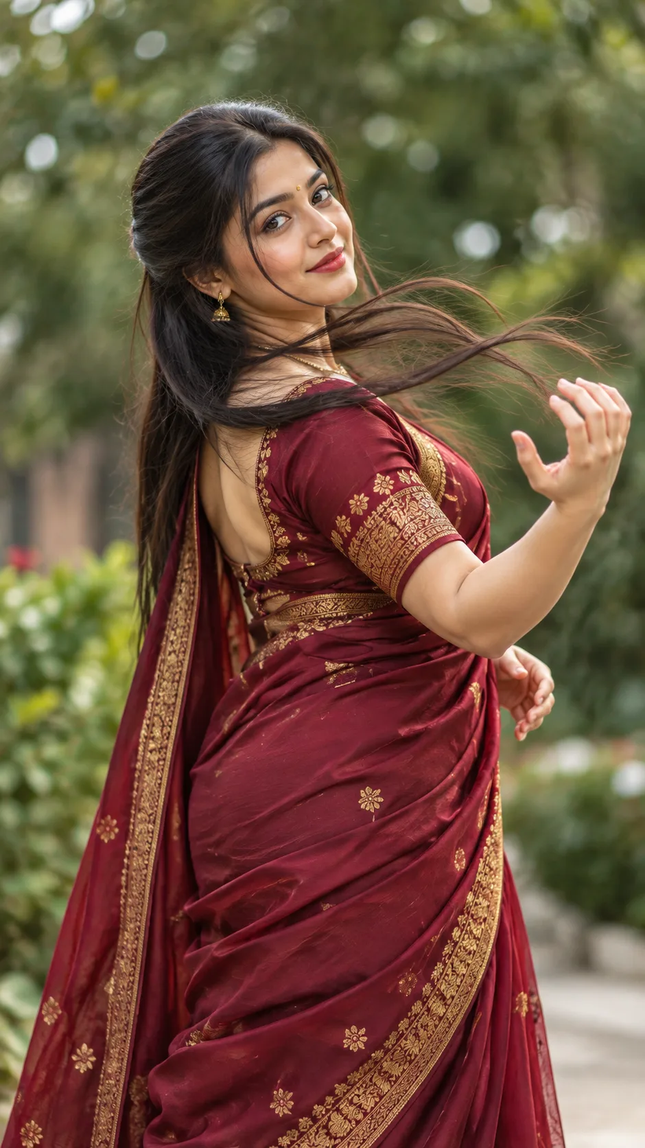 Motion Blur Portrait of Indian Woman in Maroon Saree