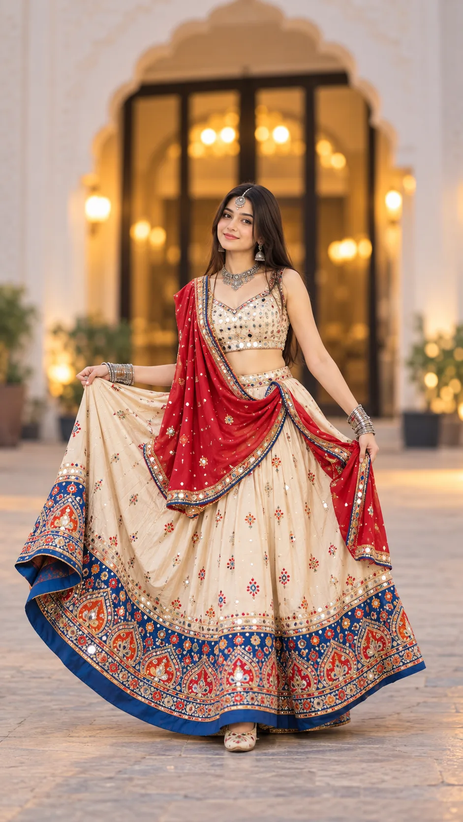 Traditional Indian Fashion Portrait of Woman in Embroidered Cream Lehenga