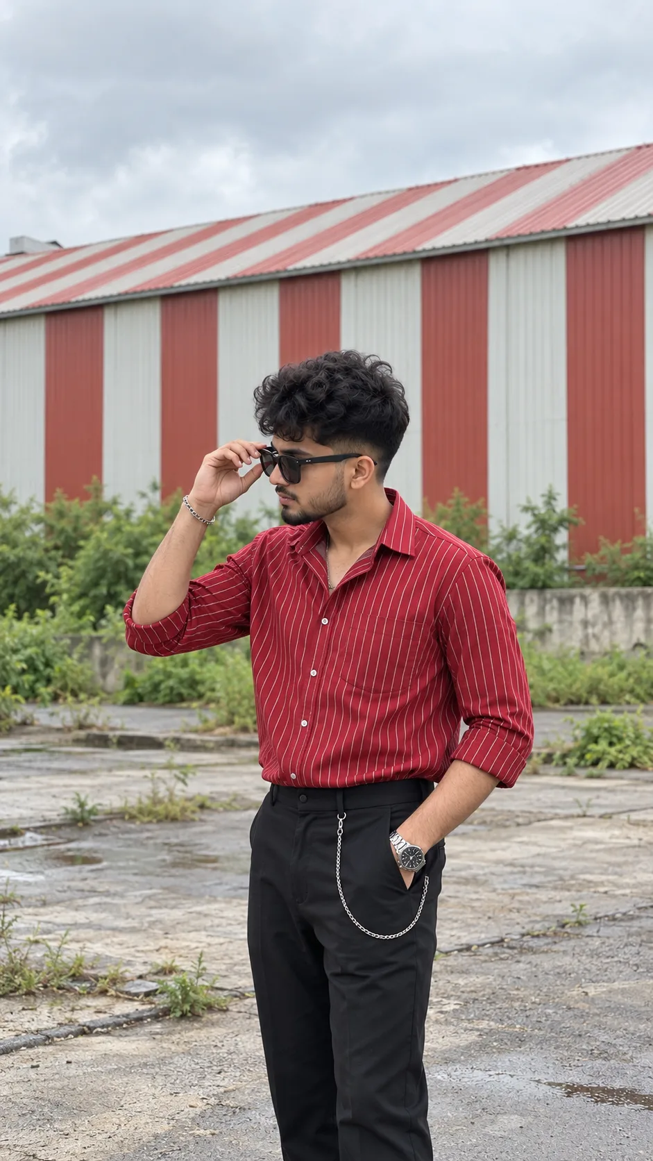 Casual Streetwear Portrait of a Young Man Adjusting Sunglasses Outdoors