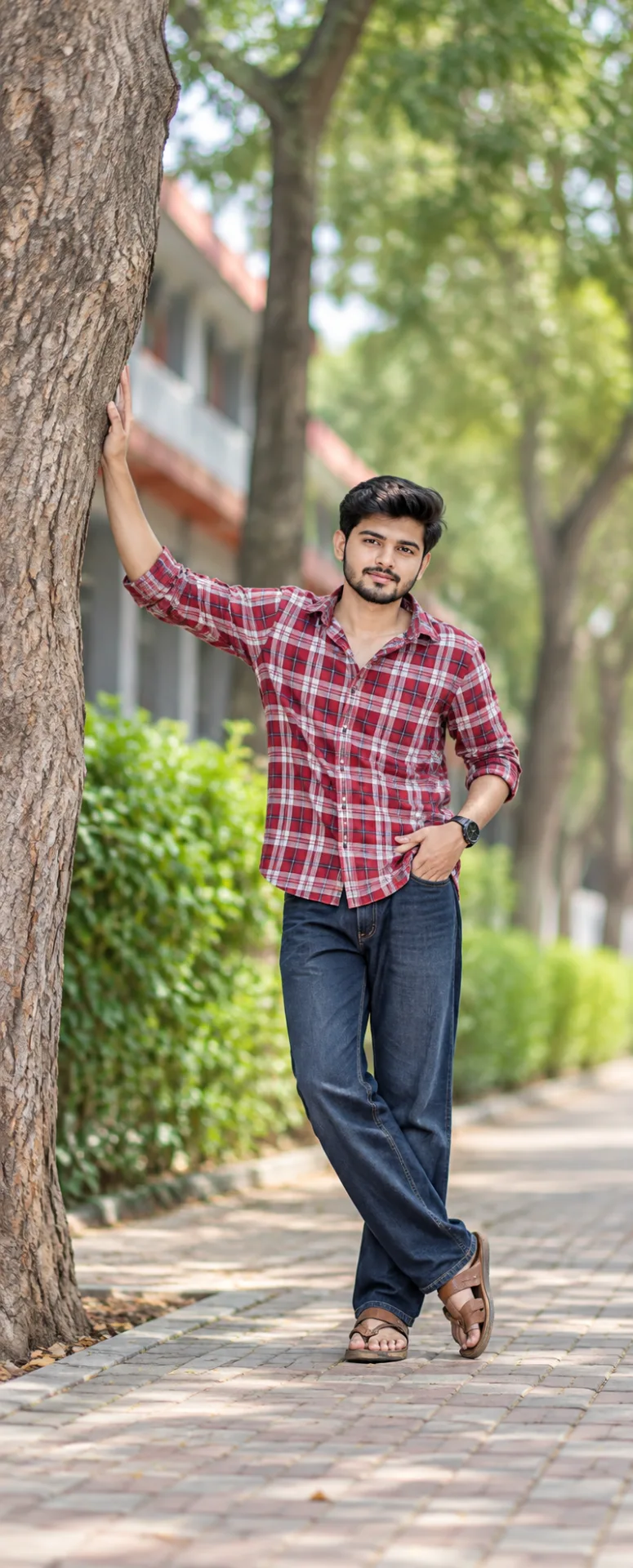 Casual Outdoor Portrait of a Young Man in Red Plaid Shirt Leaning Against a Tree