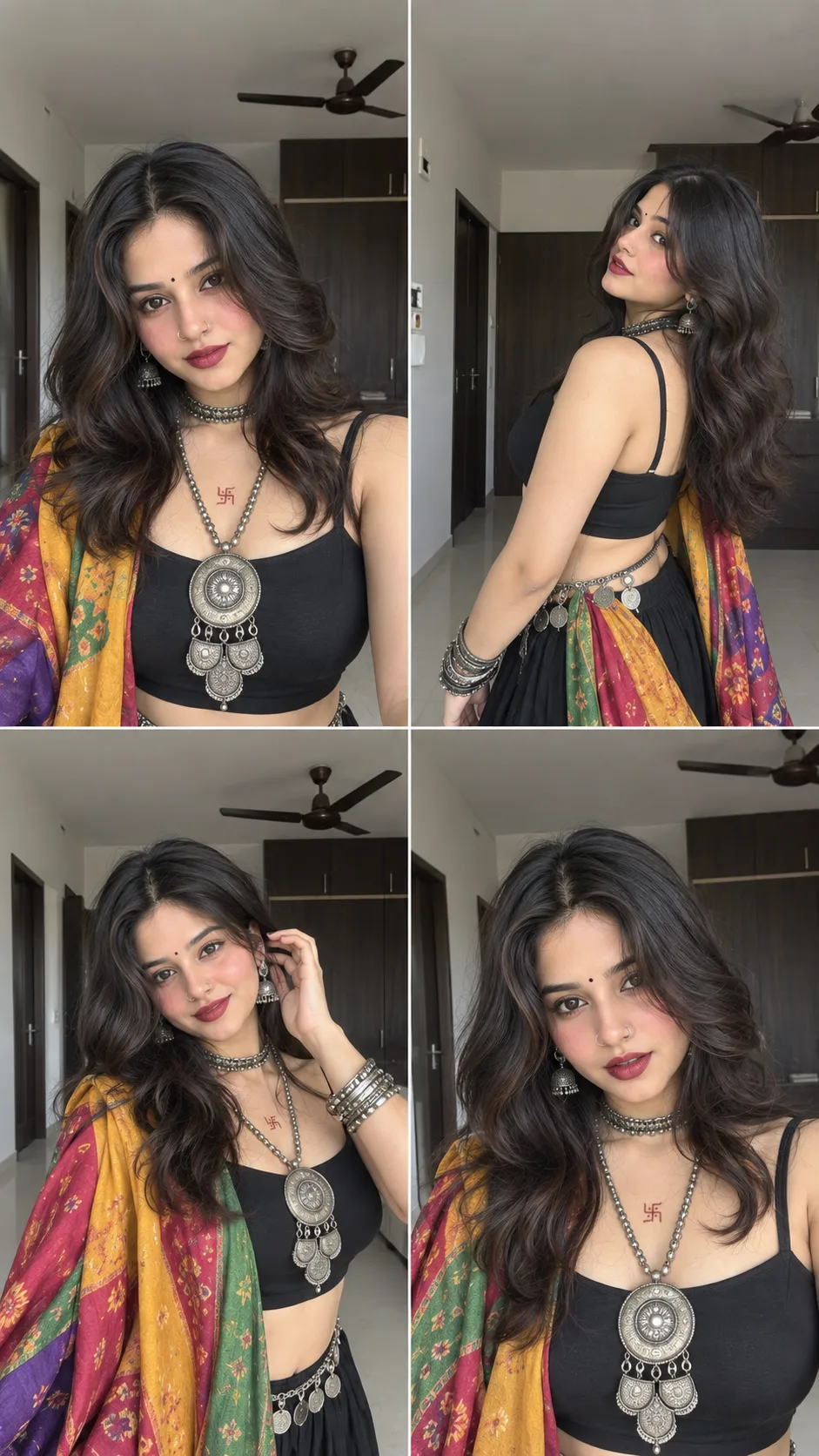 4-Panel Indian Woman Selfie Collage with Ethnic Fusion Jewelry