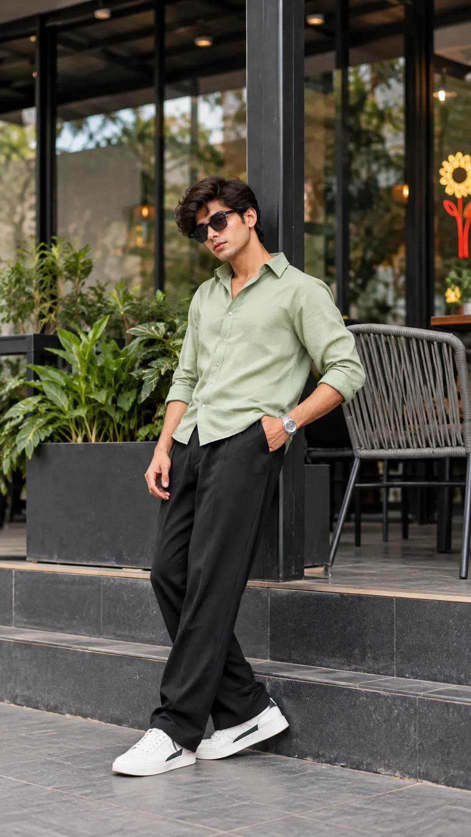 Casual Streetwear Portrait of Young Man in Pistachio Green Shirt