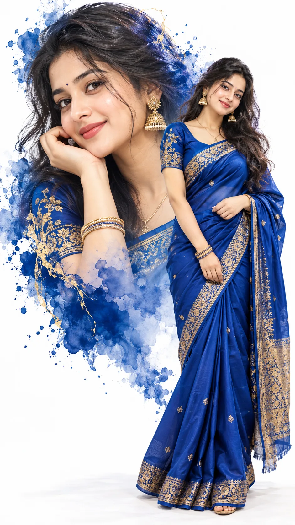 Double Exposure Indian Woman in Royal Blue Silk Saree with Artistic Ink Splash Effect