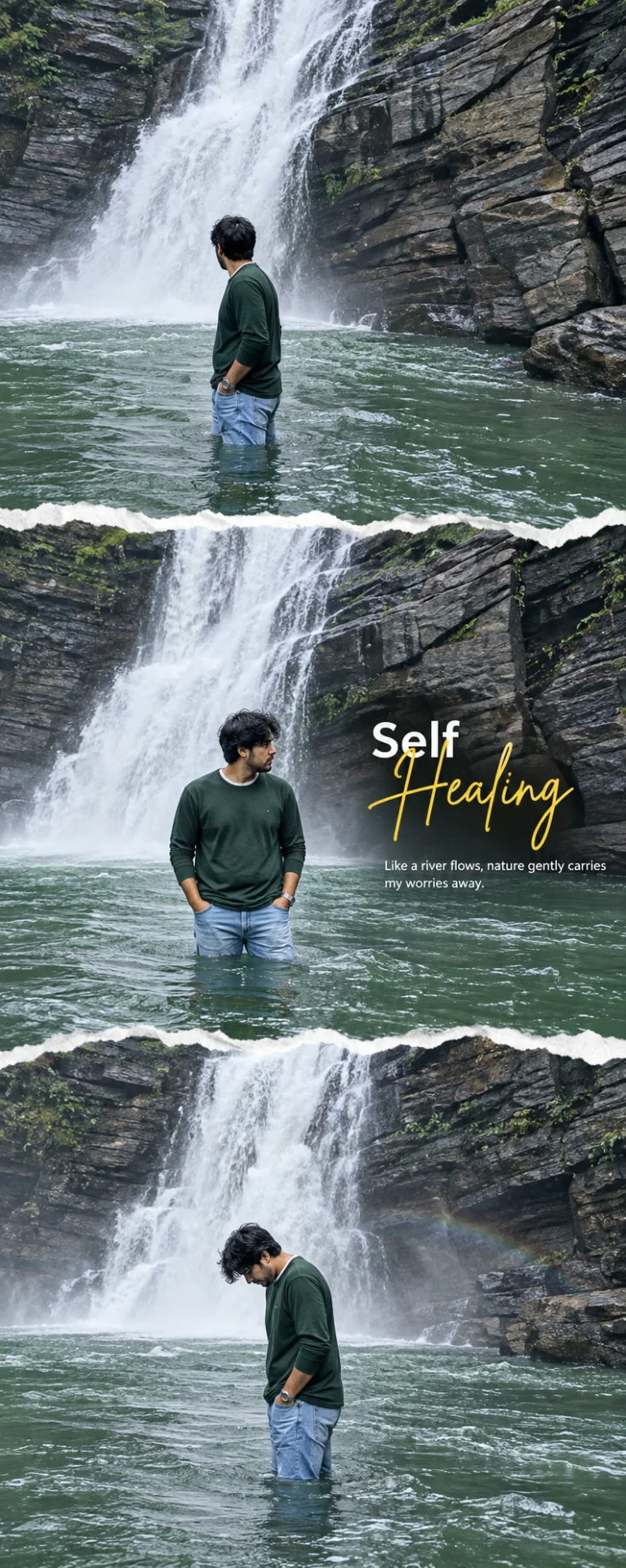 Three-Panel Self Healing Waterfall Portrait Collage of a Man