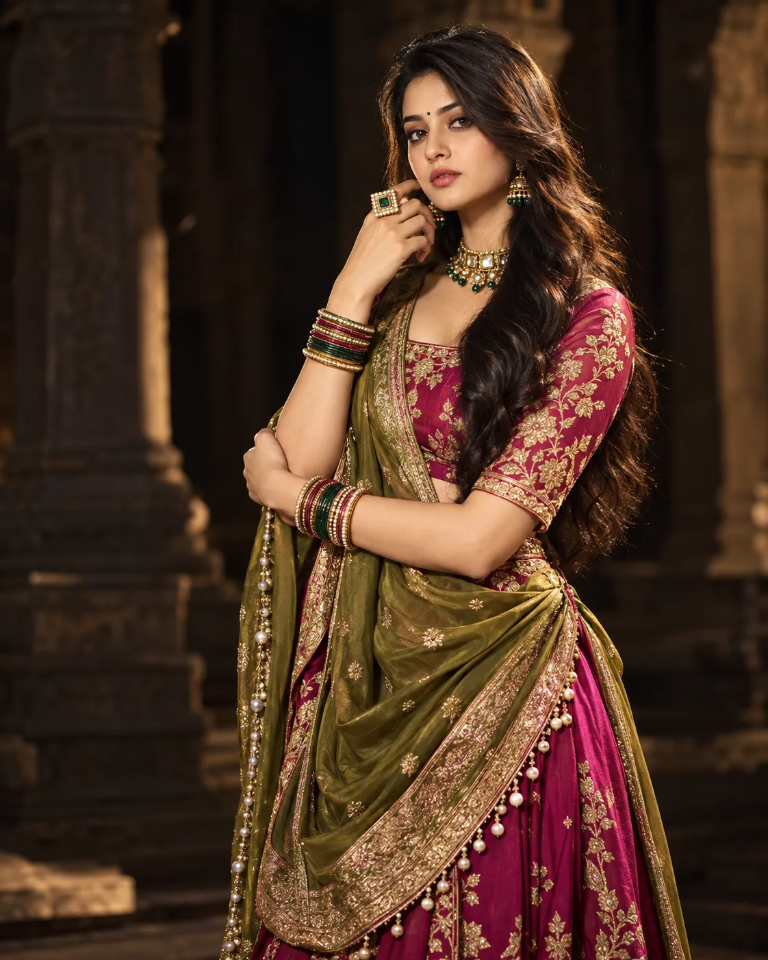 Navratri Special Cinematic Portrait of Indian Woman in Magenta Choli with Gold Embroidery