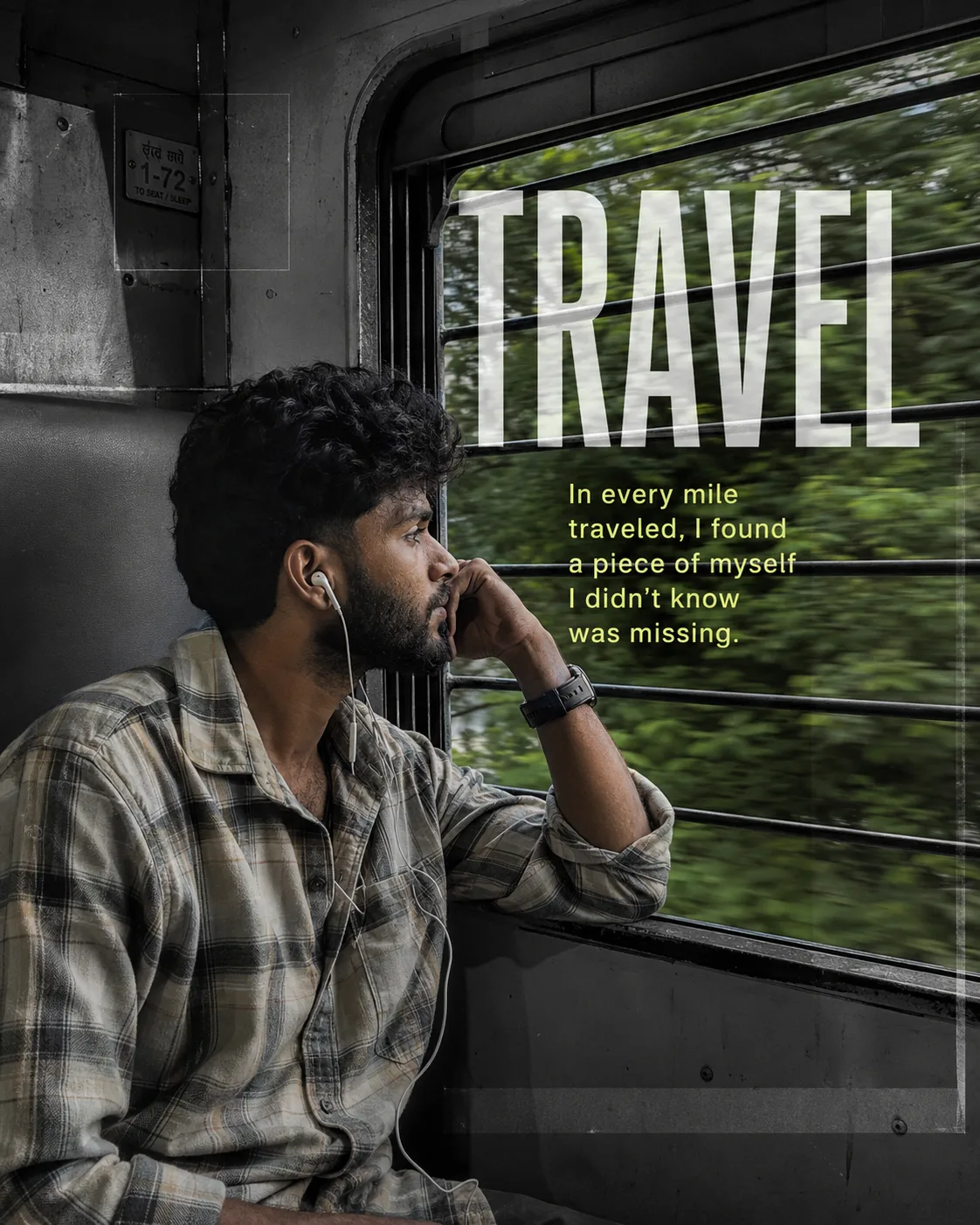 Create a deeply introspective, ultra-realistic cinematic travel editorial portrait of a young South Indian man