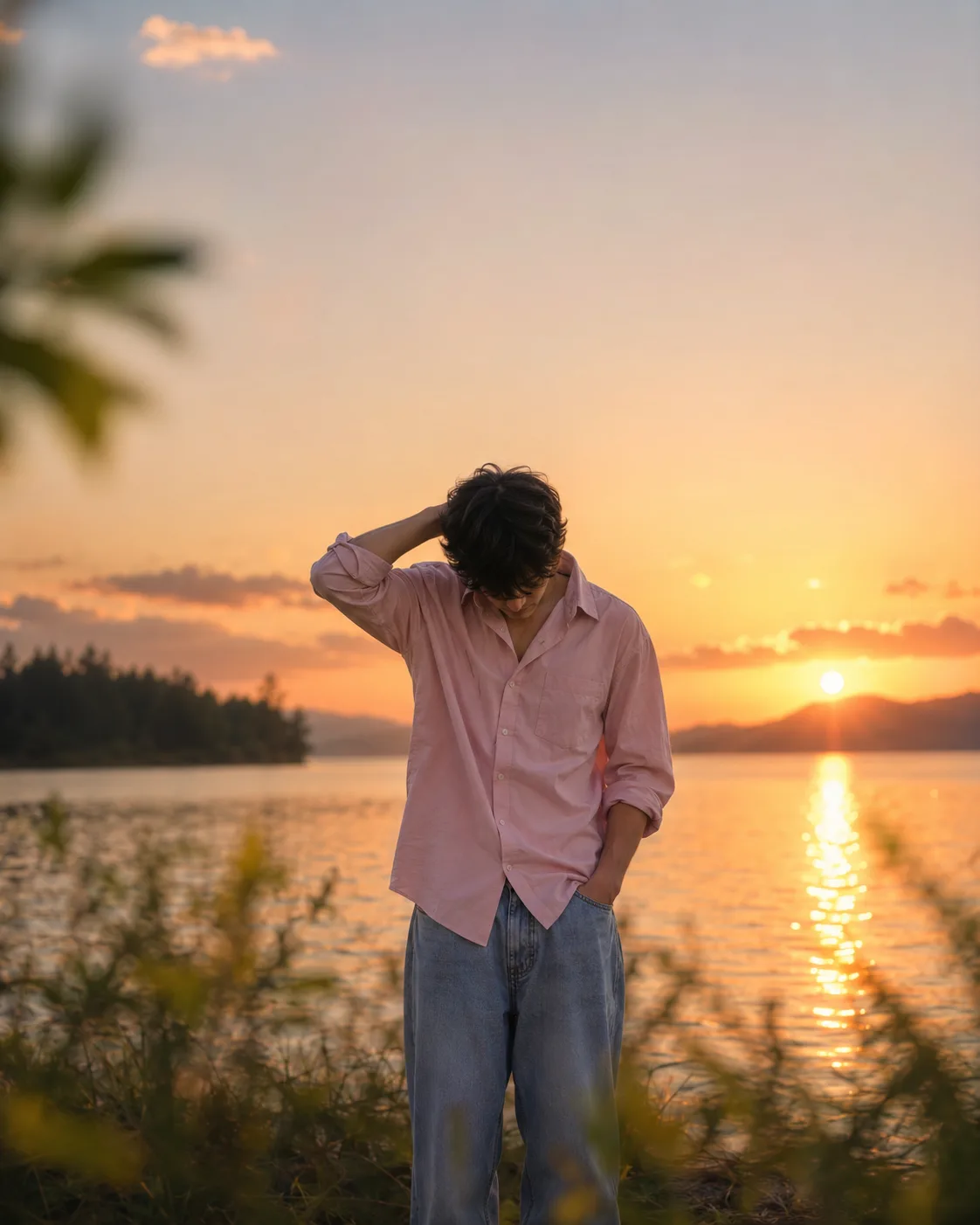 Ultra-realistic cinematic portrait of a young South Asian man standing by a peaceful lakeside at sunset