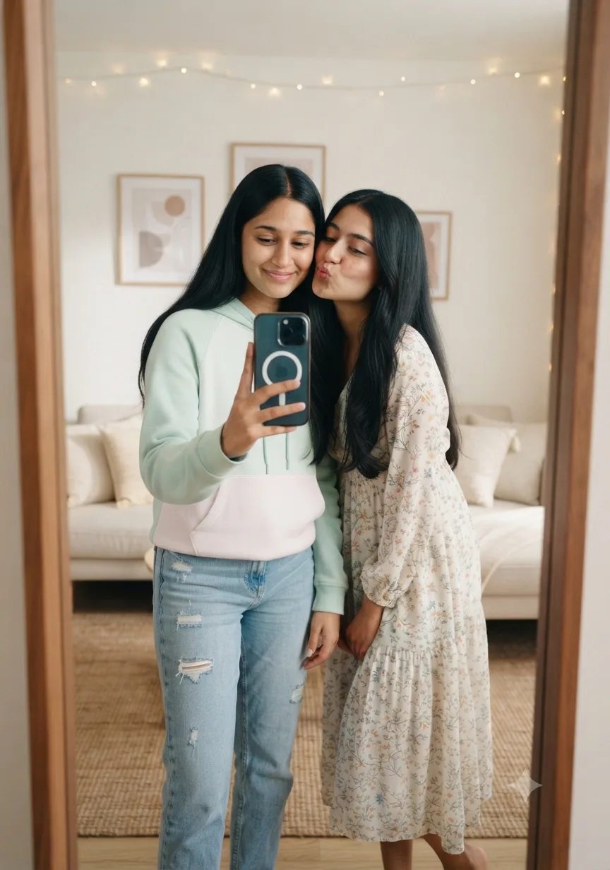 Ultra realistic mirror portrait of best friends