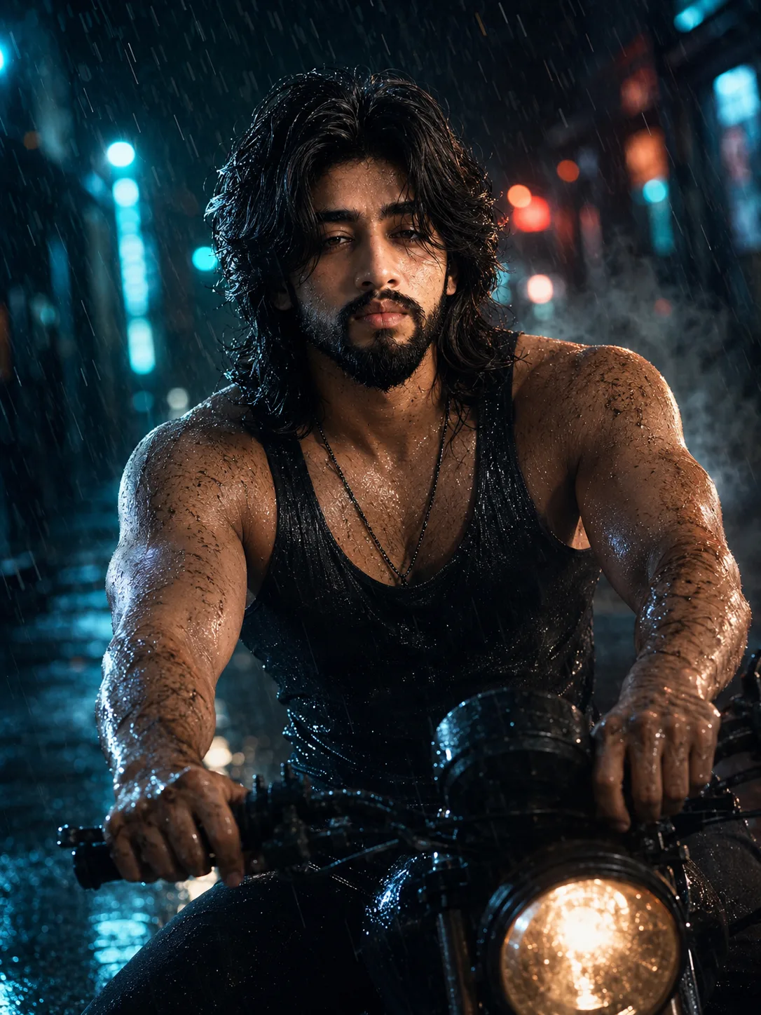 Rainy Night Motorcycle Cinematic Portrait