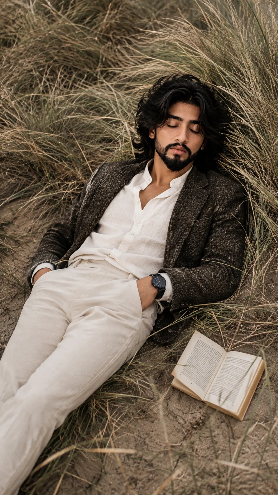 High-angle fashion editorial shot of a young man lying peacefully asleep