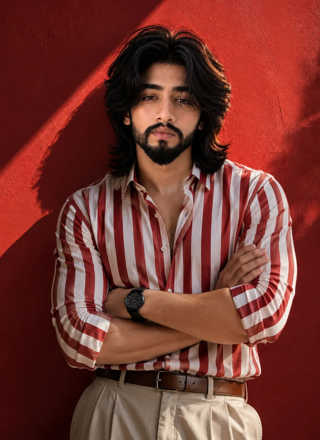 A portrait of a man standing against a vibrant red wall