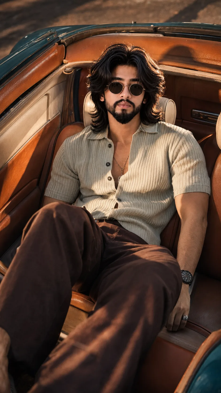 Cinematic fashion editorial photograph of a stylish young adult man reclining