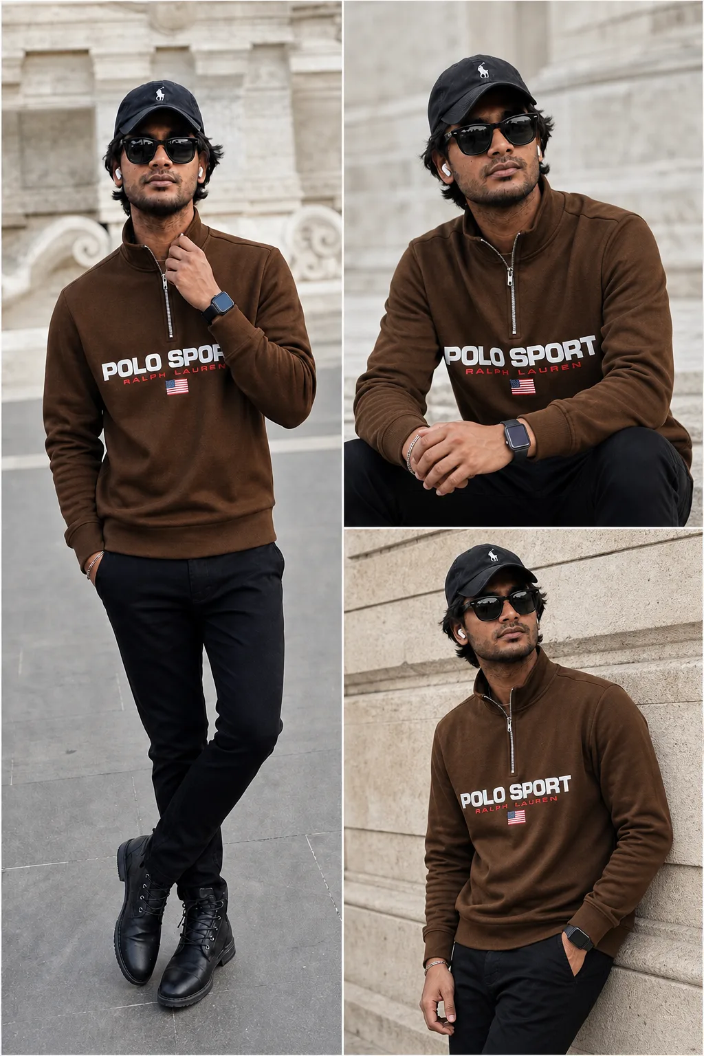 A stylish young South Asian man with medium-length wavy dark hair