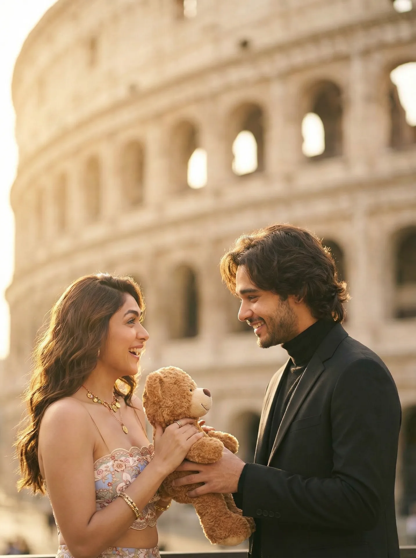 A romantic couple standing close together in front of the Colosseum