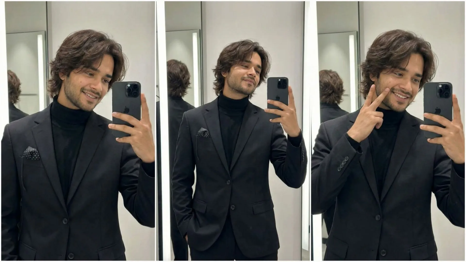A realistic triptych of three vertical mirror selfies of a handsome