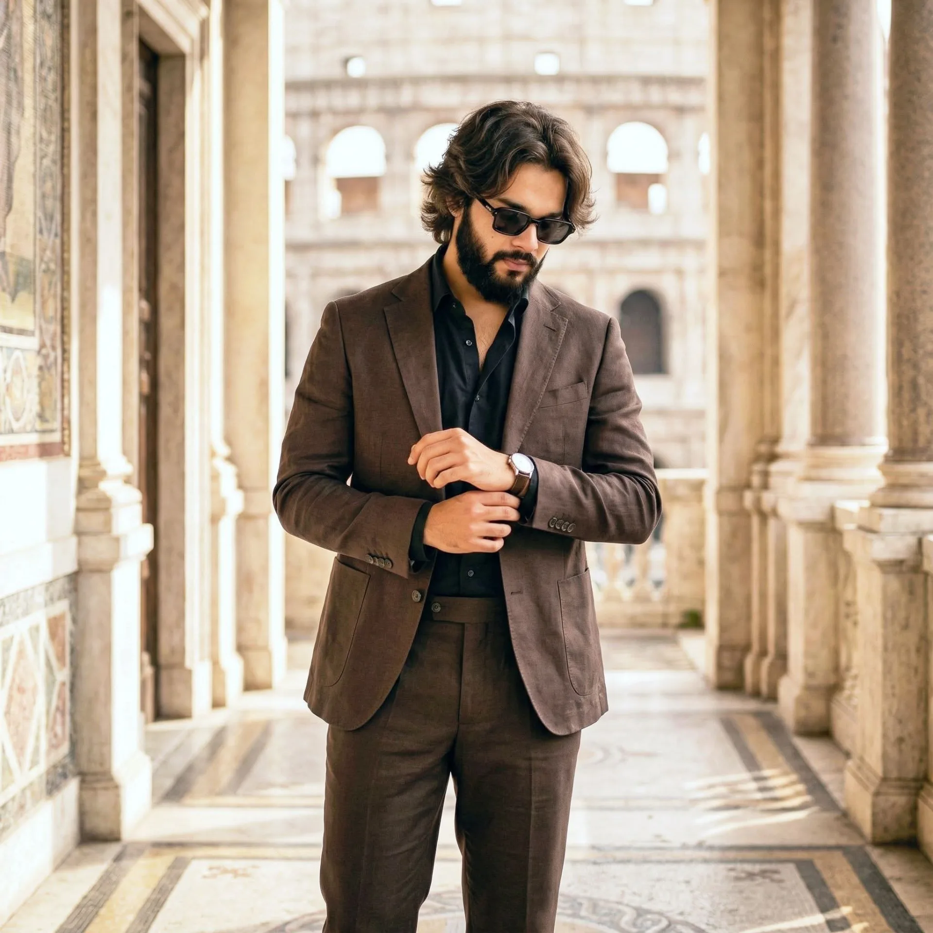 A stylish man with medium-length wavy dark brown hair and a