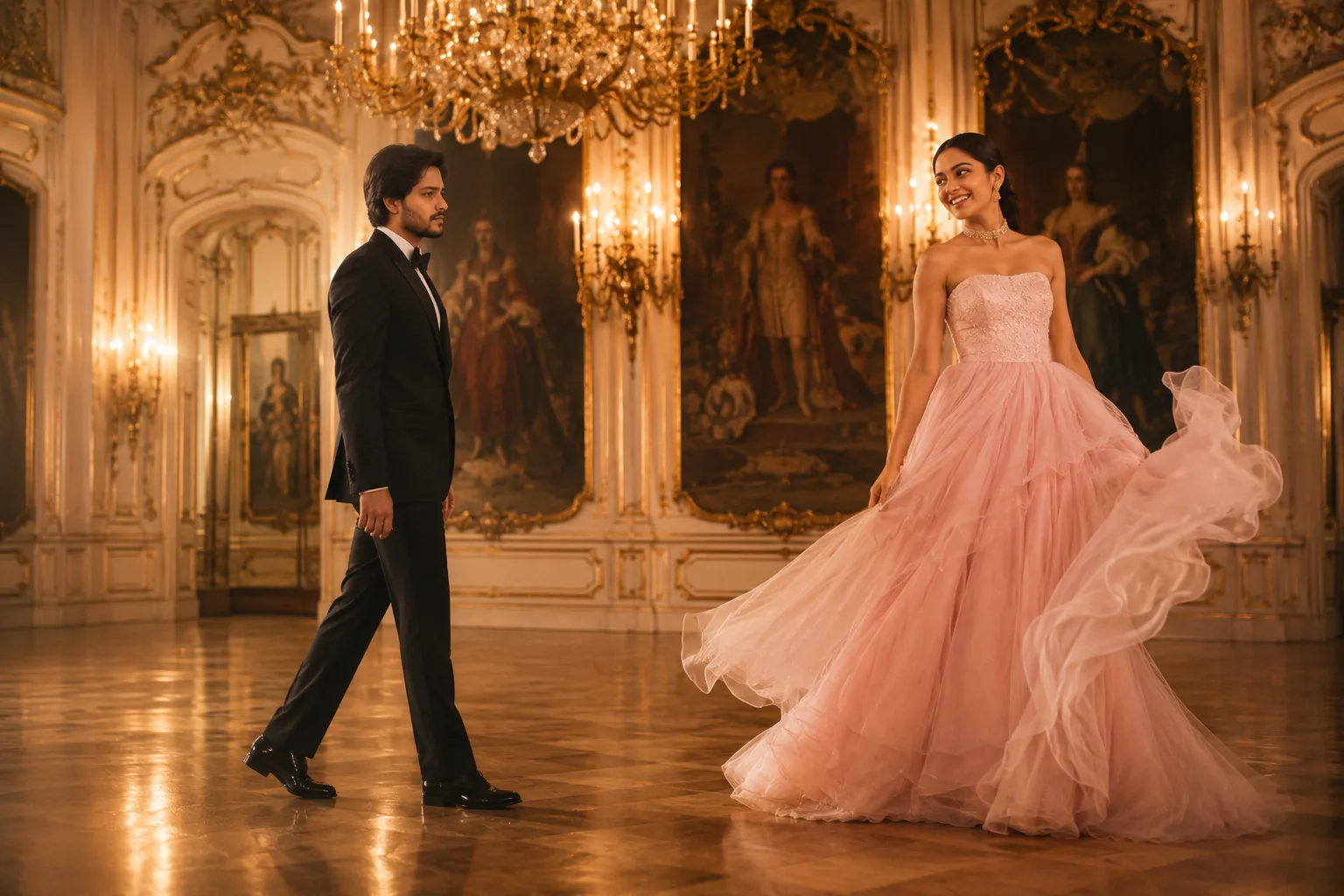 A cinematic, ultra-realistic luxury ballroom scene inside an opulent European palace