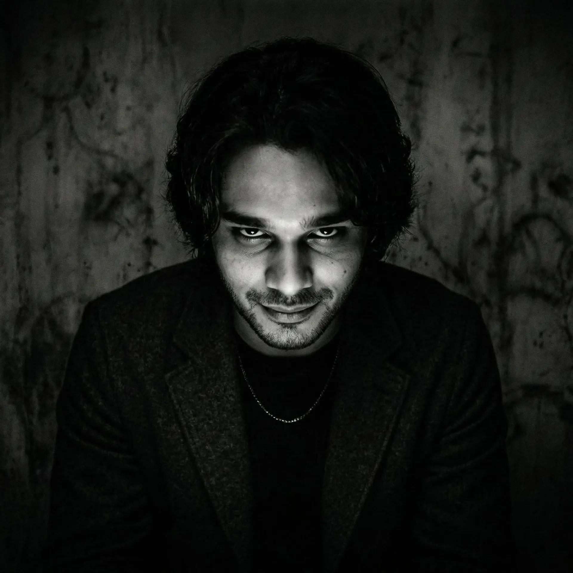 Black and white cinematic portrait of a young man with medium-length