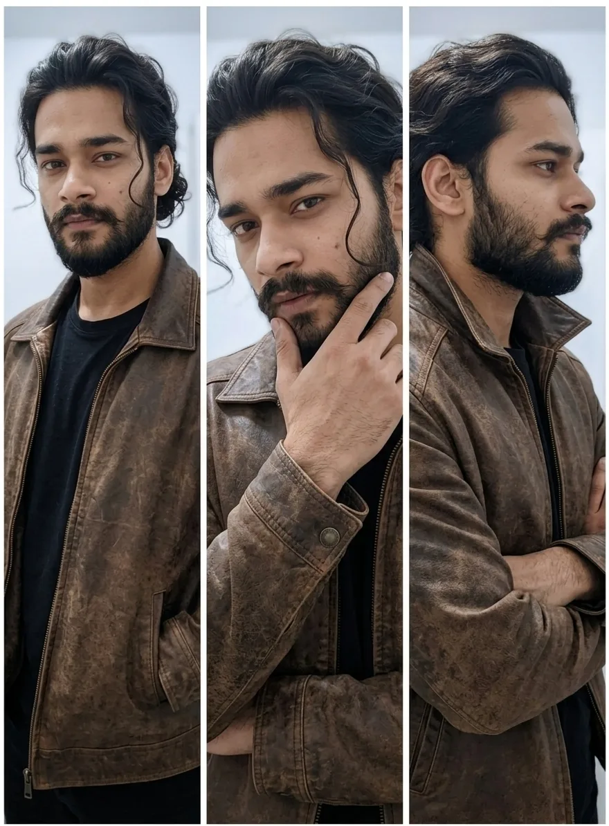Three-panel vertical split portrait of the same handsome Indian man in
